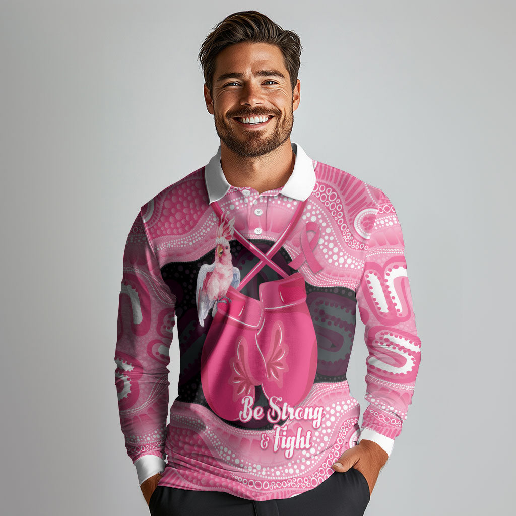 Personalised Australia Breast Cancer Support Long Sleeve Polo Shirt Pink Cockatoo Fight Boxing Gloves Aboriginal Art