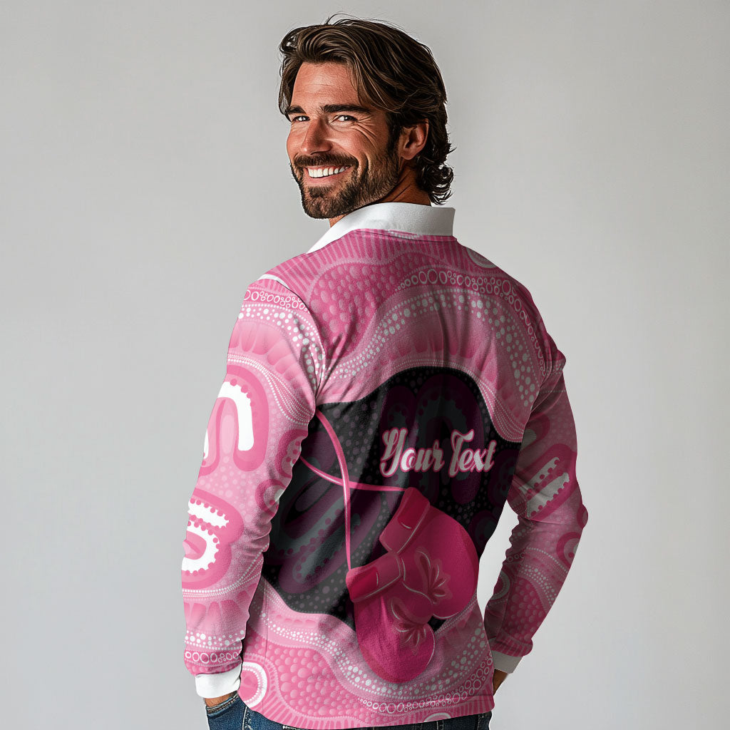 Personalised Australia Breast Cancer Support Long Sleeve Polo Shirt Pink Cockatoo Fight Boxing Gloves Aboriginal Art