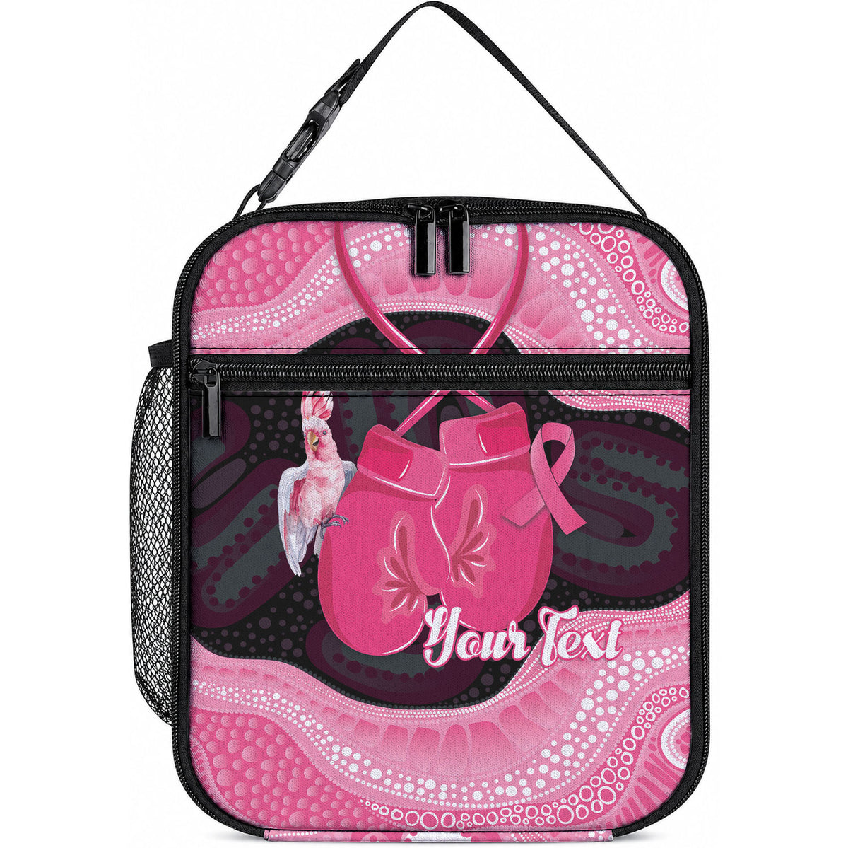 Personalised Australia Breast Cancer Support Lunch Bag Pink Cockatoo Fight Boxing Gloves Aboriginal Art