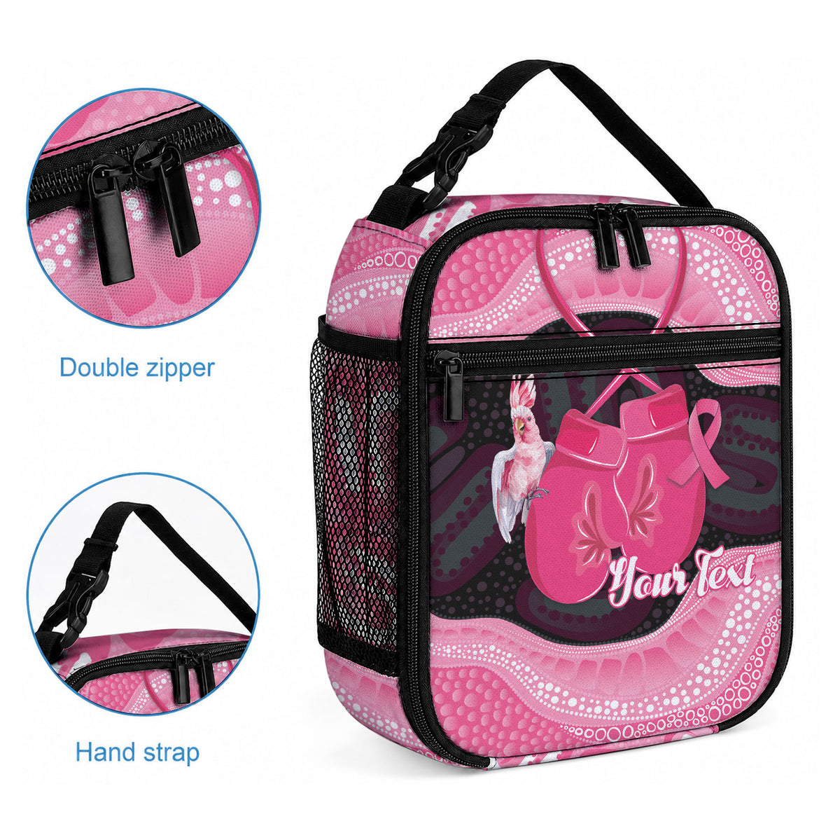 Personalised Australia Breast Cancer Support Lunch Bag Pink Cockatoo Fight Boxing Gloves Aboriginal Art