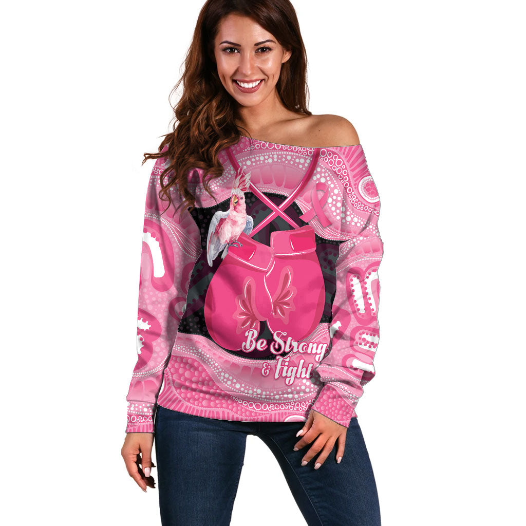 Personalised Australia Breast Cancer Support Off Shoulder Sweater Pink Cockatoo Fight Boxing Gloves Aboriginal Art