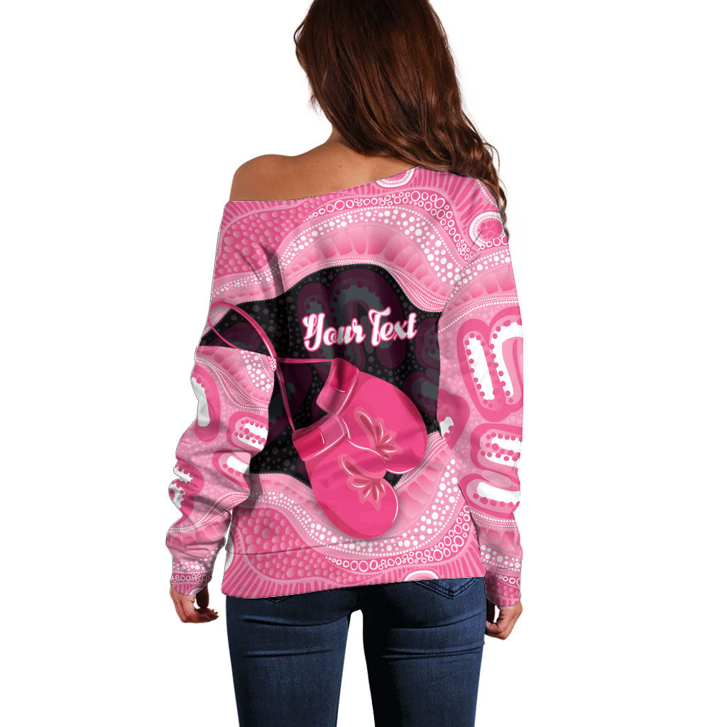 Personalised Australia Breast Cancer Support Off Shoulder Sweater Pink Cockatoo Fight Boxing Gloves Aboriginal Art