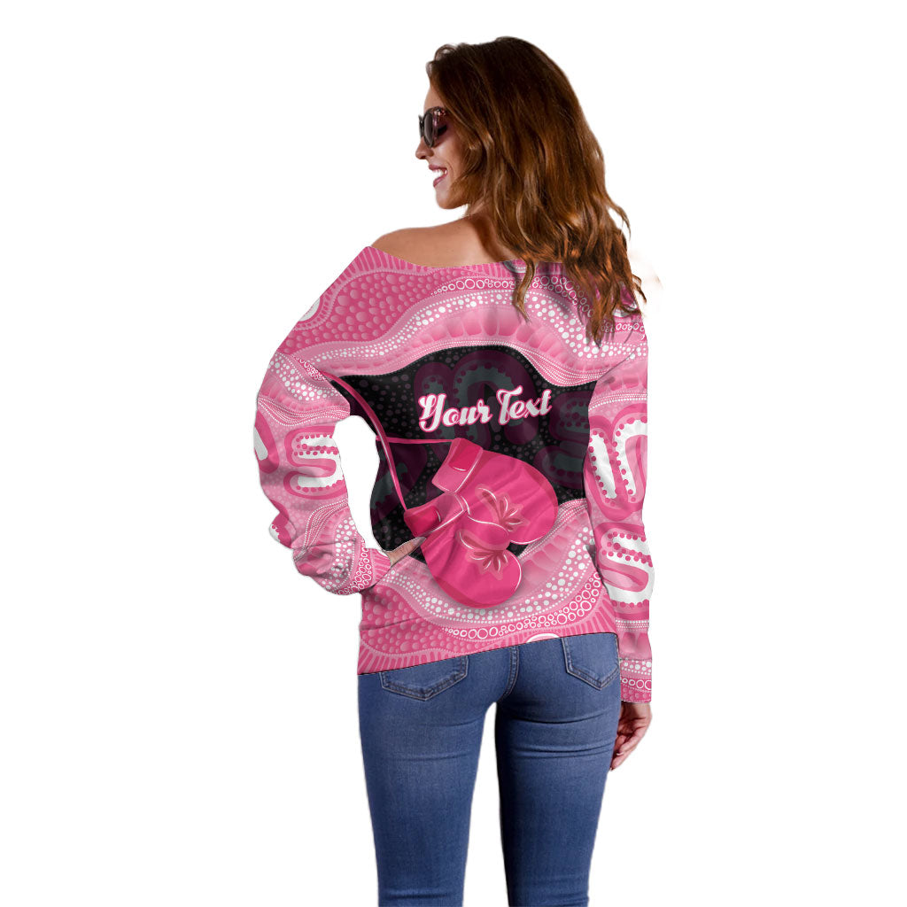 Personalised Australia Breast Cancer Support Off Shoulder Sweater Pink Cockatoo Fight Boxing Gloves Aboriginal Art