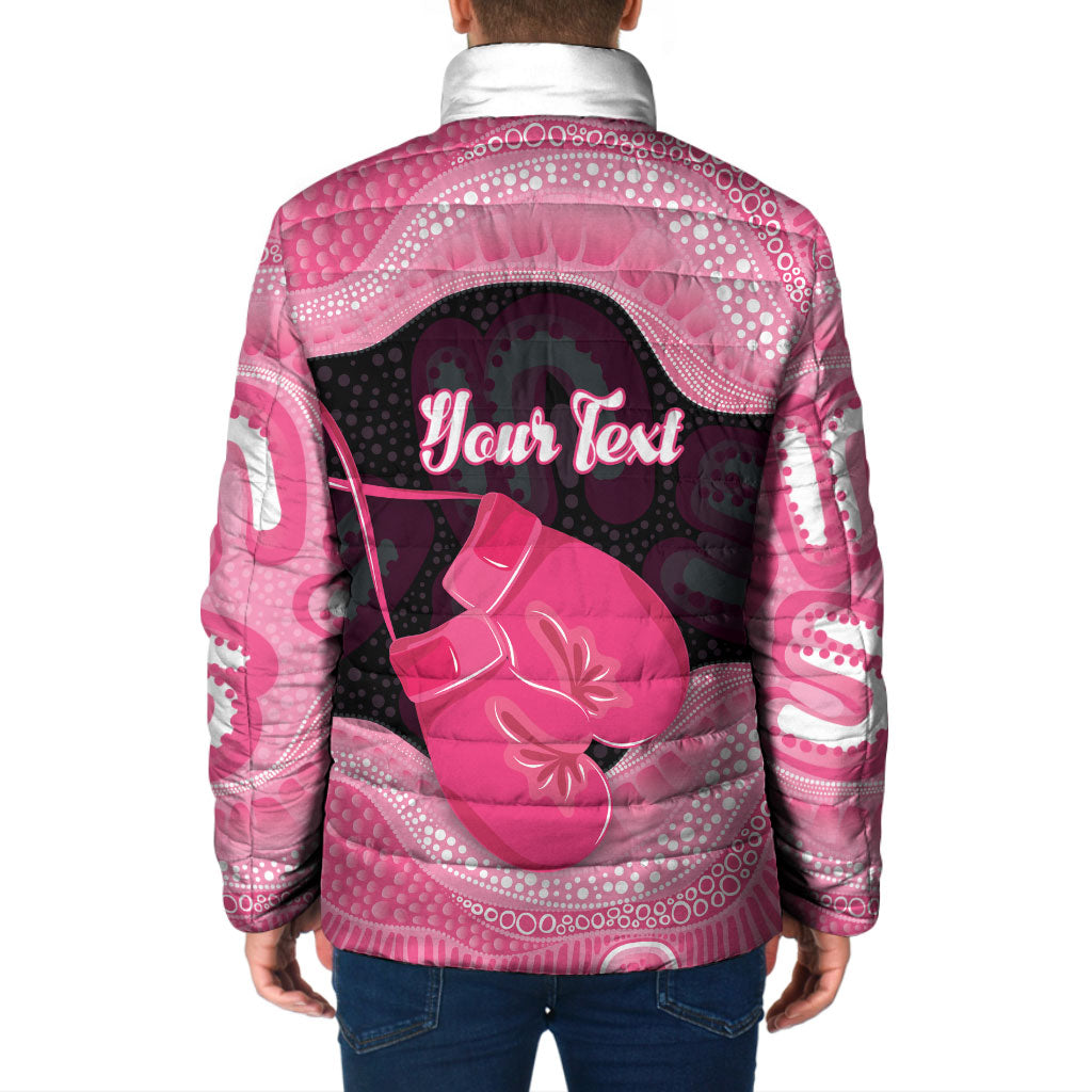 Personalised Australia Breast Cancer Support Padded Jacket Pink Cockatoo Fight Boxing Gloves Aboriginal Art