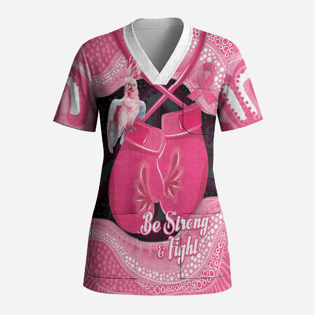 Personalised Australia Breast Cancer Support Scrub Top Pink Cockatoo Fight Boxing Gloves Aboriginal Art