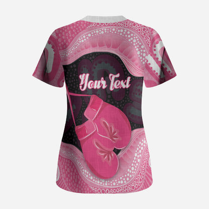 Personalised Australia Breast Cancer Support Scrub Top Pink Cockatoo Fight Boxing Gloves Aboriginal Art