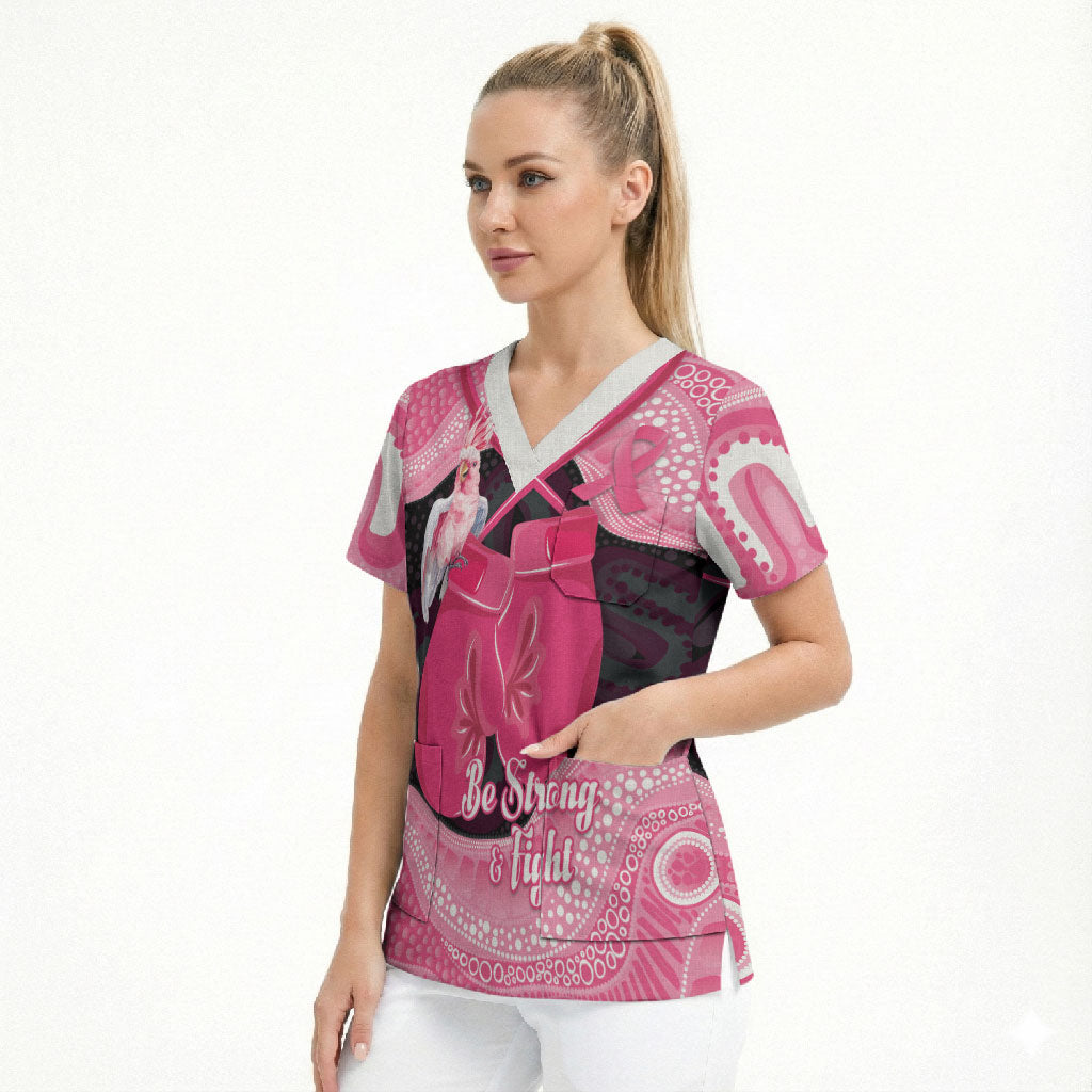 Personalised Australia Breast Cancer Support Scrub Top Pink Cockatoo Fight Boxing Gloves Aboriginal Art