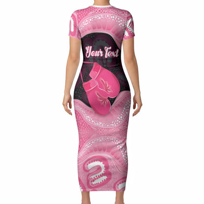 Personalised Australia Breast Cancer Support Short Sleeve Bodycon Dress Pink Cockatoo Fight Boxing Gloves Aboriginal Art