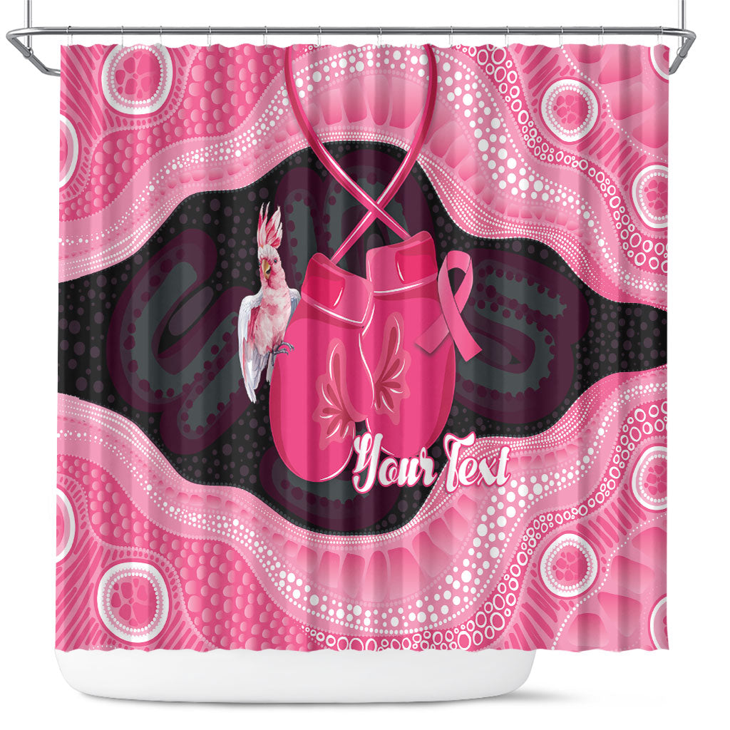 Personalised Australia Breast Cancer Support Shower Curtain Pink Cockatoo Fight Boxing Gloves Aboriginal Art