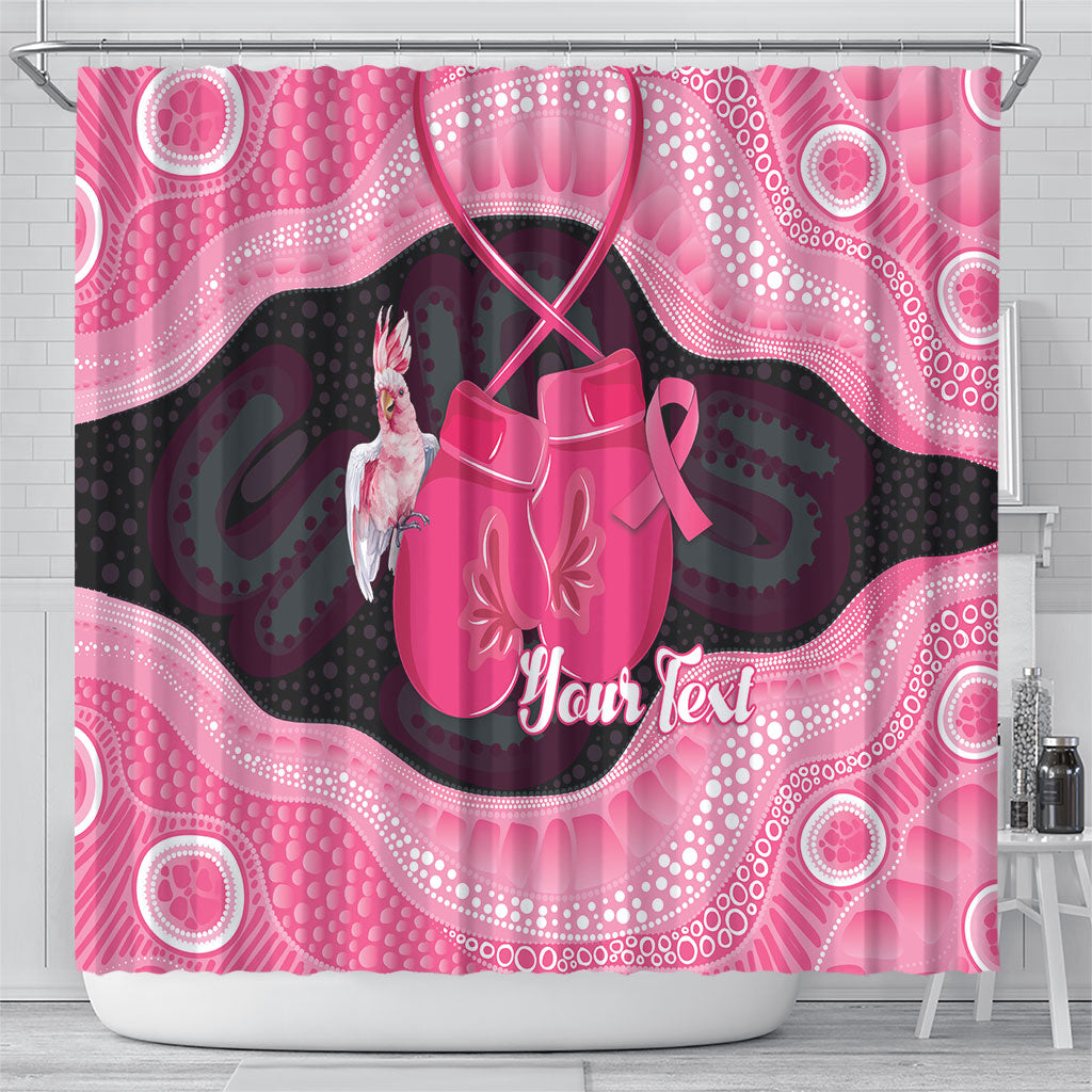 Personalised Australia Breast Cancer Support Shower Curtain Pink Cockatoo Fight Boxing Gloves Aboriginal Art