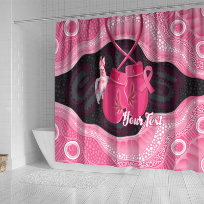 Personalised Australia Breast Cancer Support Shower Curtain Pink Cockatoo Fight Boxing Gloves Aboriginal Art