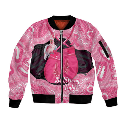 Personalised Australia Breast Cancer Support Sleeve Zip Bomber Jacket Pink Cockatoo Fight Boxing Gloves Aboriginal Art