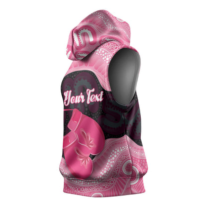 Personalised Australia Breast Cancer Support Sleeveless Hoodie Pink Cockatoo Fight Boxing Gloves Aboriginal Art
