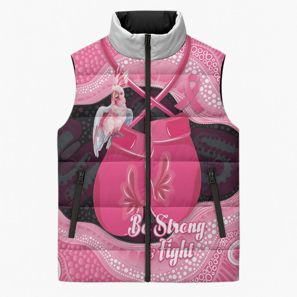 Personalised Australia Breast Cancer Support Sleeveless Puffer Jacket Pink Cockatoo Fight Boxing Gloves Aboriginal Art