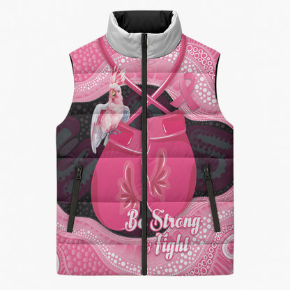 Personalised Australia Breast Cancer Support Sleeveless Puffer Jacket Pink Cockatoo Fight Boxing Gloves Aboriginal Art
