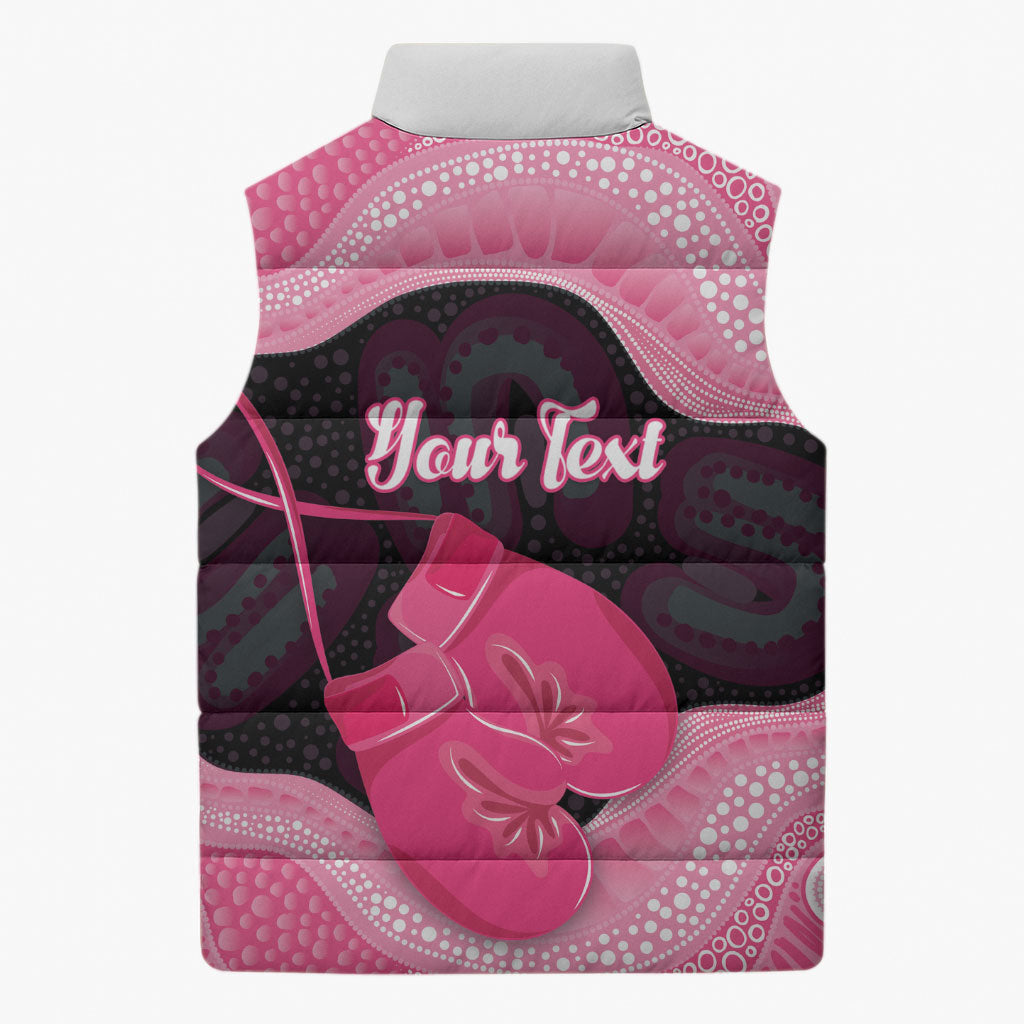 Personalised Australia Breast Cancer Support Sleeveless Puffer Jacket Pink Cockatoo Fight Boxing Gloves Aboriginal Art