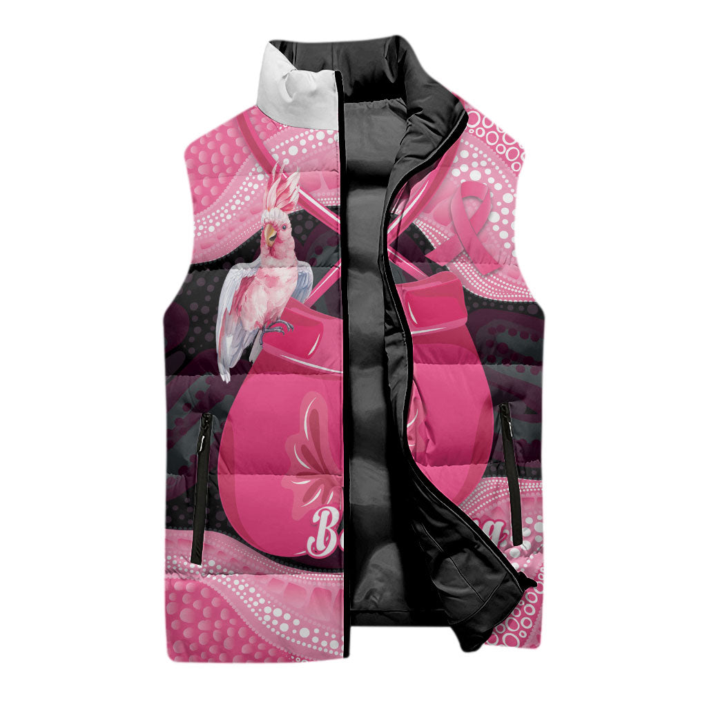 Personalised Australia Breast Cancer Support Sleeveless Puffer Jacket Pink Cockatoo Fight Boxing Gloves Aboriginal Art