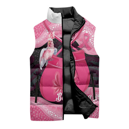 Personalised Australia Breast Cancer Support Sleeveless Puffer Jacket Pink Cockatoo Fight Boxing Gloves Aboriginal Art