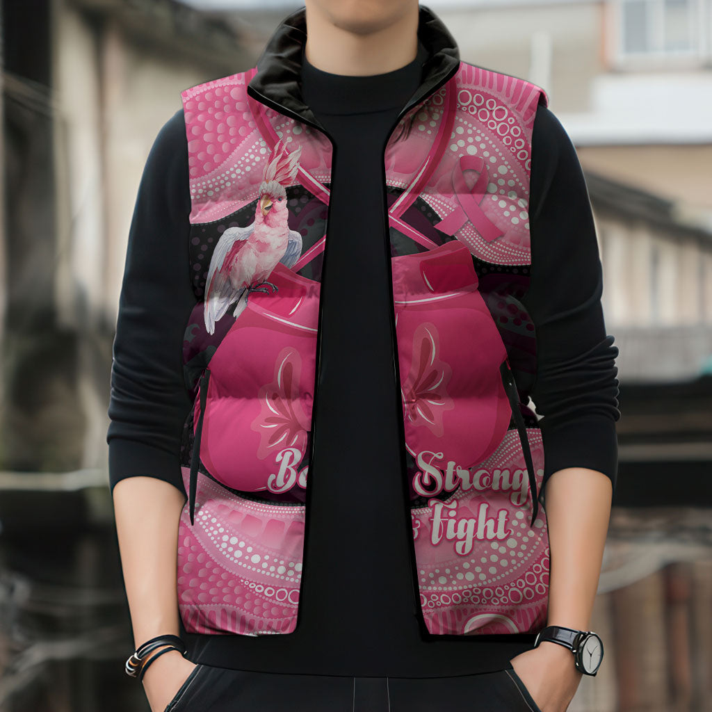 Personalised Australia Breast Cancer Support Sleeveless Puffer Jacket Pink Cockatoo Fight Boxing Gloves Aboriginal Art