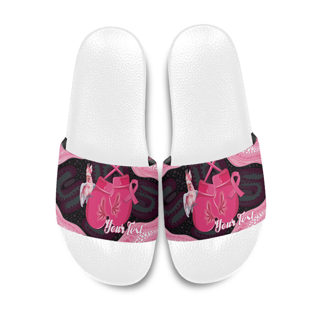 Personalised Australia Breast Cancer Support Slide Sandals Pink Cockatoo Fight Boxing Gloves Aboriginal Art