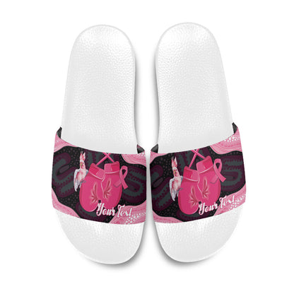Personalised Australia Breast Cancer Support Slide Sandals Pink Cockatoo Fight Boxing Gloves Aboriginal Art