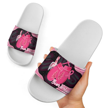 Personalised Australia Breast Cancer Support Slide Sandals Pink Cockatoo Fight Boxing Gloves Aboriginal Art