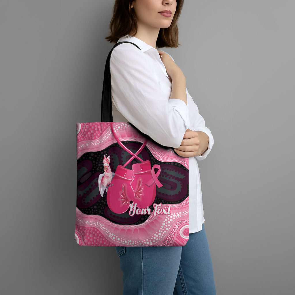 Personalised Australia Breast Cancer Support Tote Bag Pink Cockatoo Fight Boxing Gloves Aboriginal Art