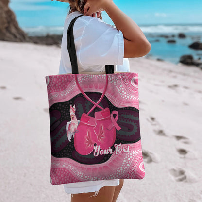 Personalised Australia Breast Cancer Support Tote Bag Pink Cockatoo Fight Boxing Gloves Aboriginal Art