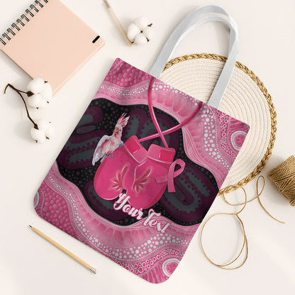 Personalised Australia Breast Cancer Support Tote Bag Pink Cockatoo Fight Boxing Gloves Aboriginal Art