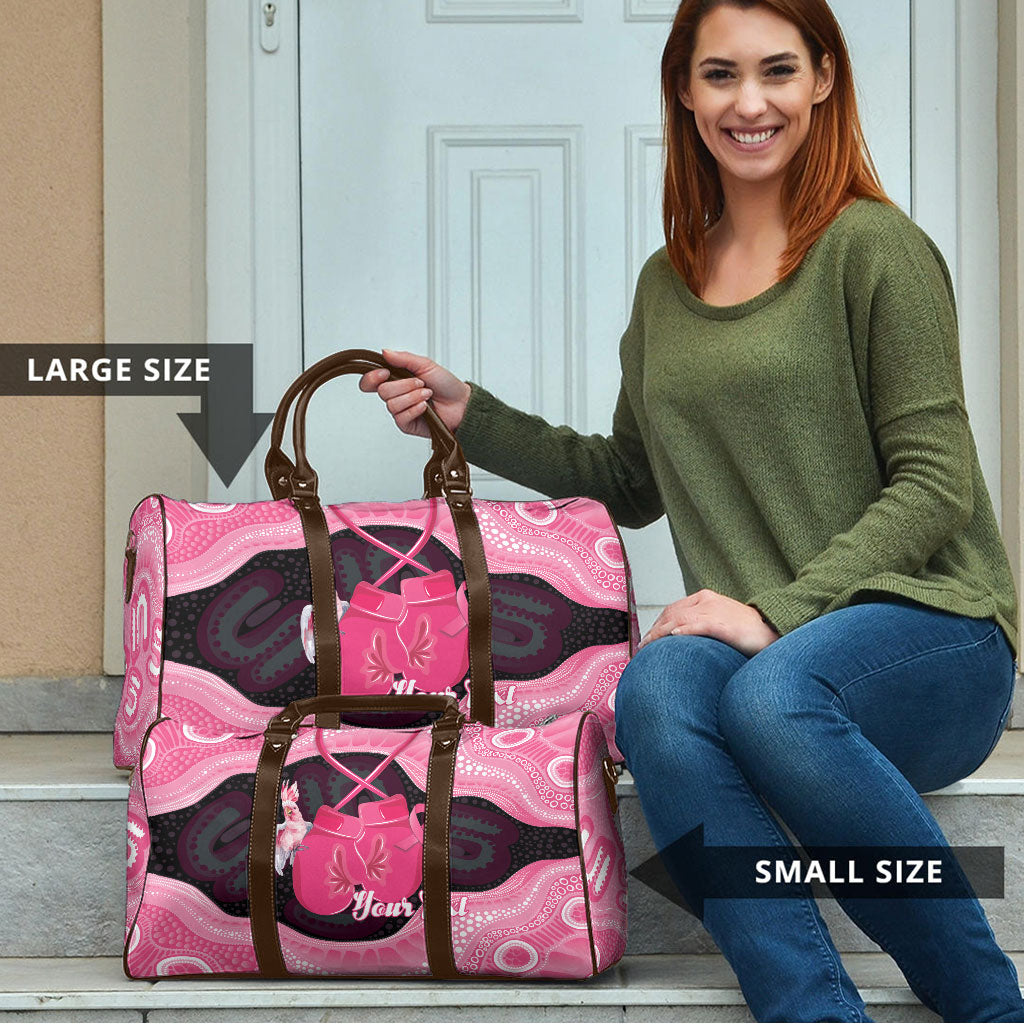 Personalised Australia Breast Cancer Support Travel Bag Pink Cockatoo Fight Boxing Gloves Aboriginal Art