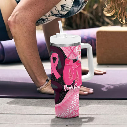 Personalised Australia Breast Cancer Support Tumbler With Handle Pink Cockatoo Fight Boxing Gloves Aboriginal Art