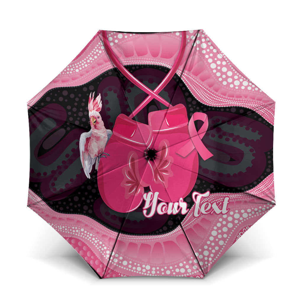 Personalised Australia Breast Cancer Support Umbrella Pink Cockatoo Fight Boxing Gloves Aboriginal Art