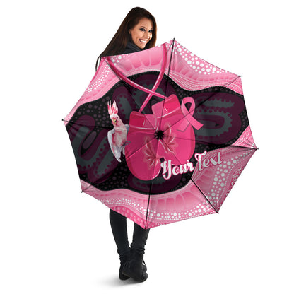 Personalised Australia Breast Cancer Support Umbrella Pink Cockatoo Fight Boxing Gloves Aboriginal Art