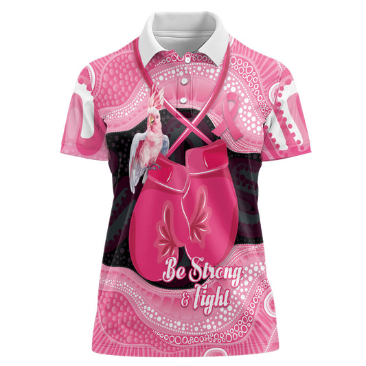 Personalised Australia Breast Cancer Support Women Polo Shirt Pink Cockatoo Fight Boxing Gloves Aboriginal Art