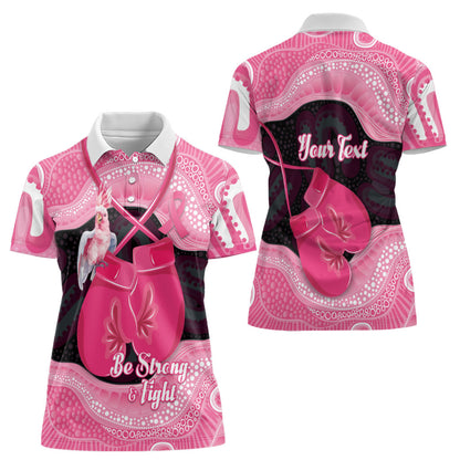 Personalised Australia Breast Cancer Support Women Polo Shirt Pink Cockatoo Fight Boxing Gloves Aboriginal Art