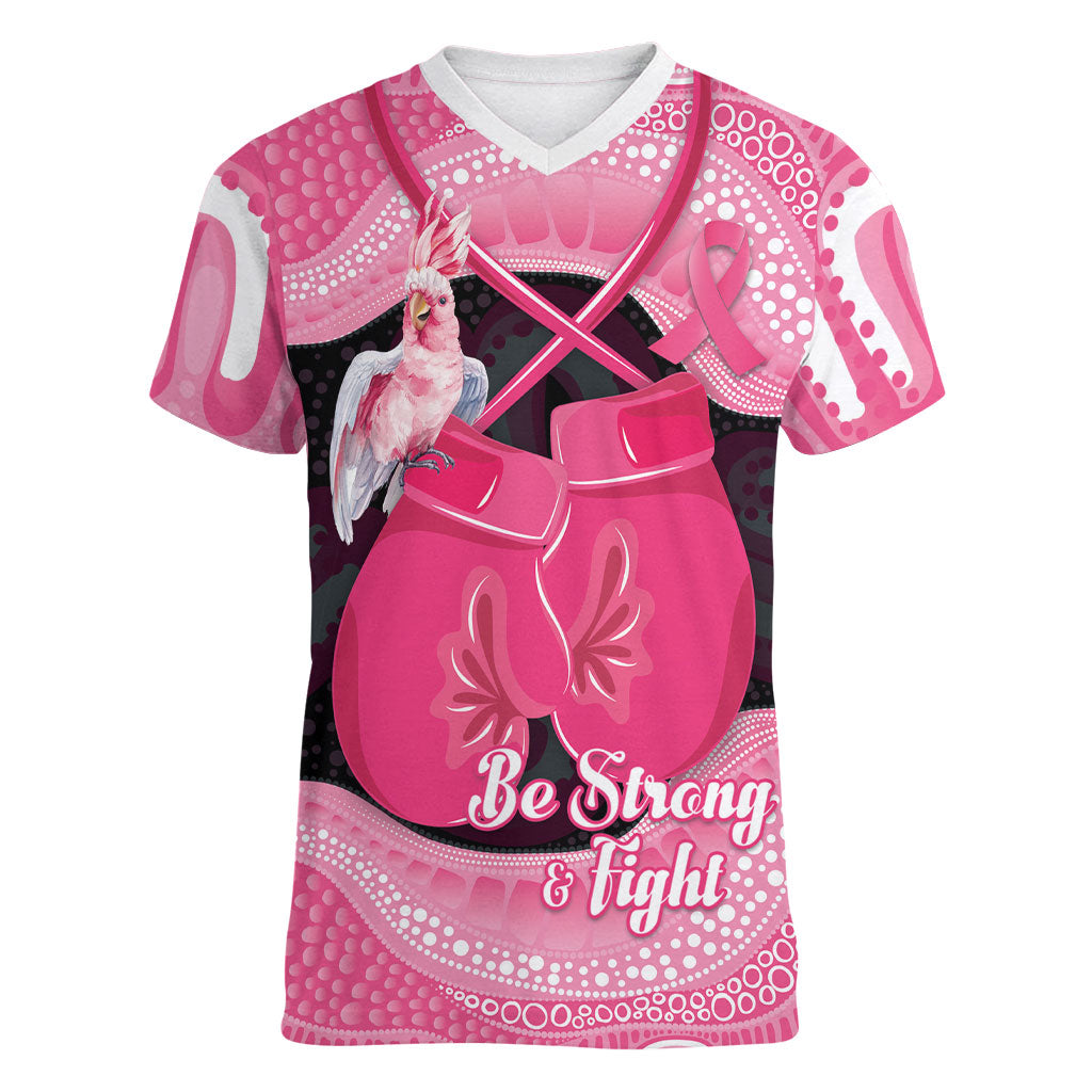 Personalised Australia Breast Cancer Support Women V-Neck T-Shirt Pink Cockatoo Fight Boxing Gloves Aboriginal Art