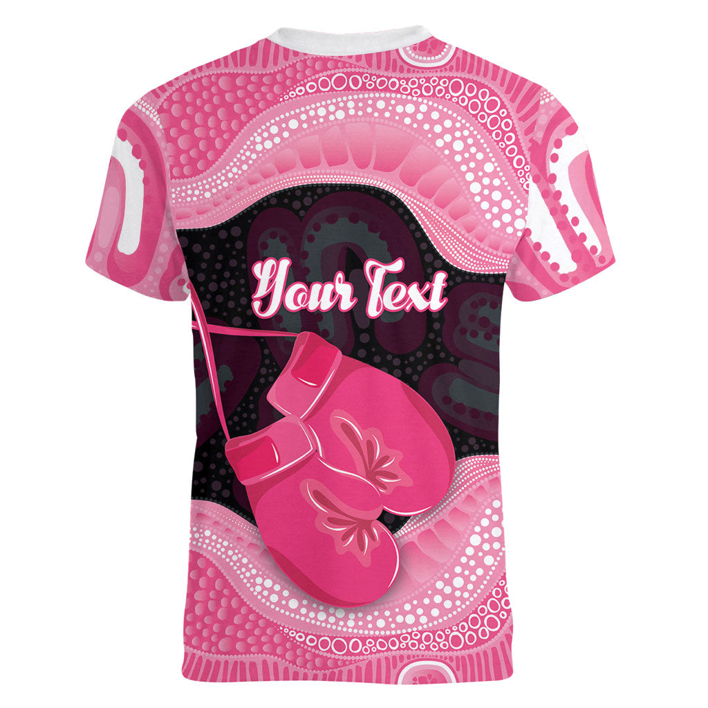 Personalised Australia Breast Cancer Support Women V-Neck T-Shirt Pink Cockatoo Fight Boxing Gloves Aboriginal Art