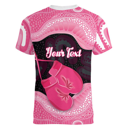 Personalised Australia Breast Cancer Support Women V-Neck T-Shirt Pink Cockatoo Fight Boxing Gloves Aboriginal Art