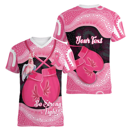 Personalised Australia Breast Cancer Support Women V-Neck T-Shirt Pink Cockatoo Fight Boxing Gloves Aboriginal Art