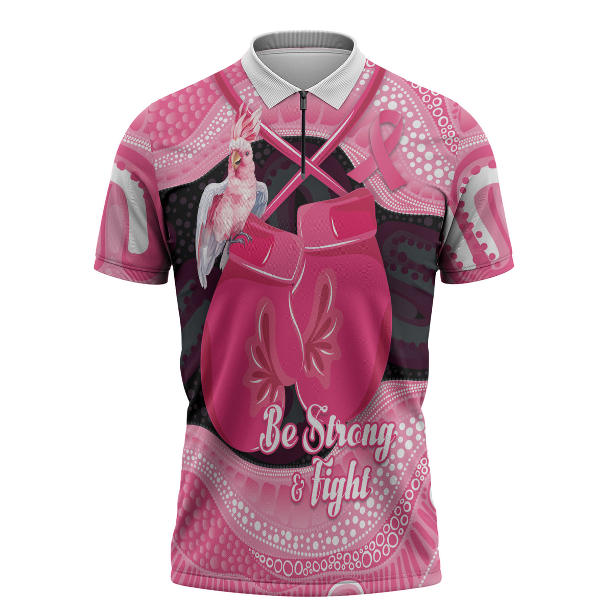 Personalised Australia Breast Cancer Support Zipper Polo Shirt Pink Cockatoo Fight Boxing Gloves Aboriginal Art