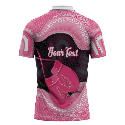 Personalised Australia Breast Cancer Support Zipper Polo Shirt Pink Cockatoo Fight Boxing Gloves Aboriginal Art