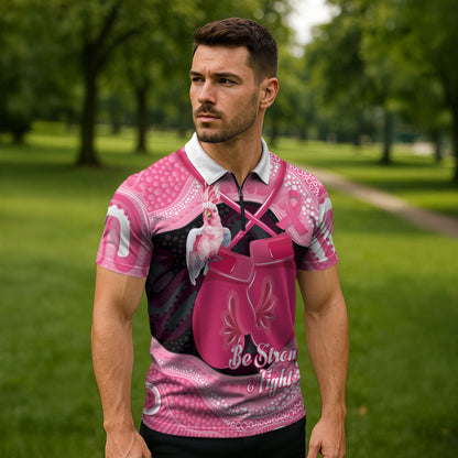 Personalised Australia Breast Cancer Support Zipper Polo Shirt Pink Cockatoo Fight Boxing Gloves Aboriginal Art