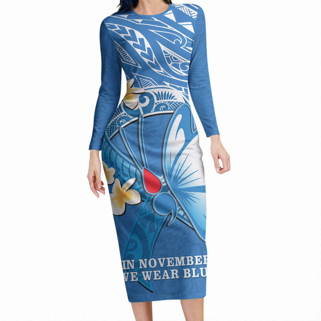 Polynesia Diabetes Support Long Sleeve Bodycon Dress In November We Wear Blue