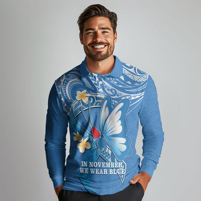 Polynesia Diabetes Support Long Sleeve Polo Shirt In November We Wear Blue