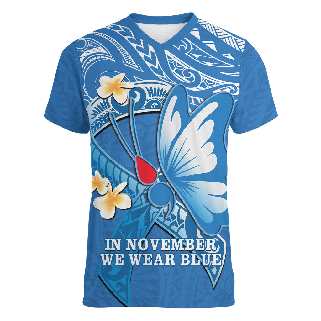 Polynesia Diabetes Support Women V-Neck T-Shirt In November We Wear Blue