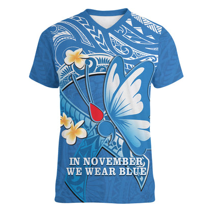 Polynesia Diabetes Support Women V-Neck T-Shirt In November We Wear Blue