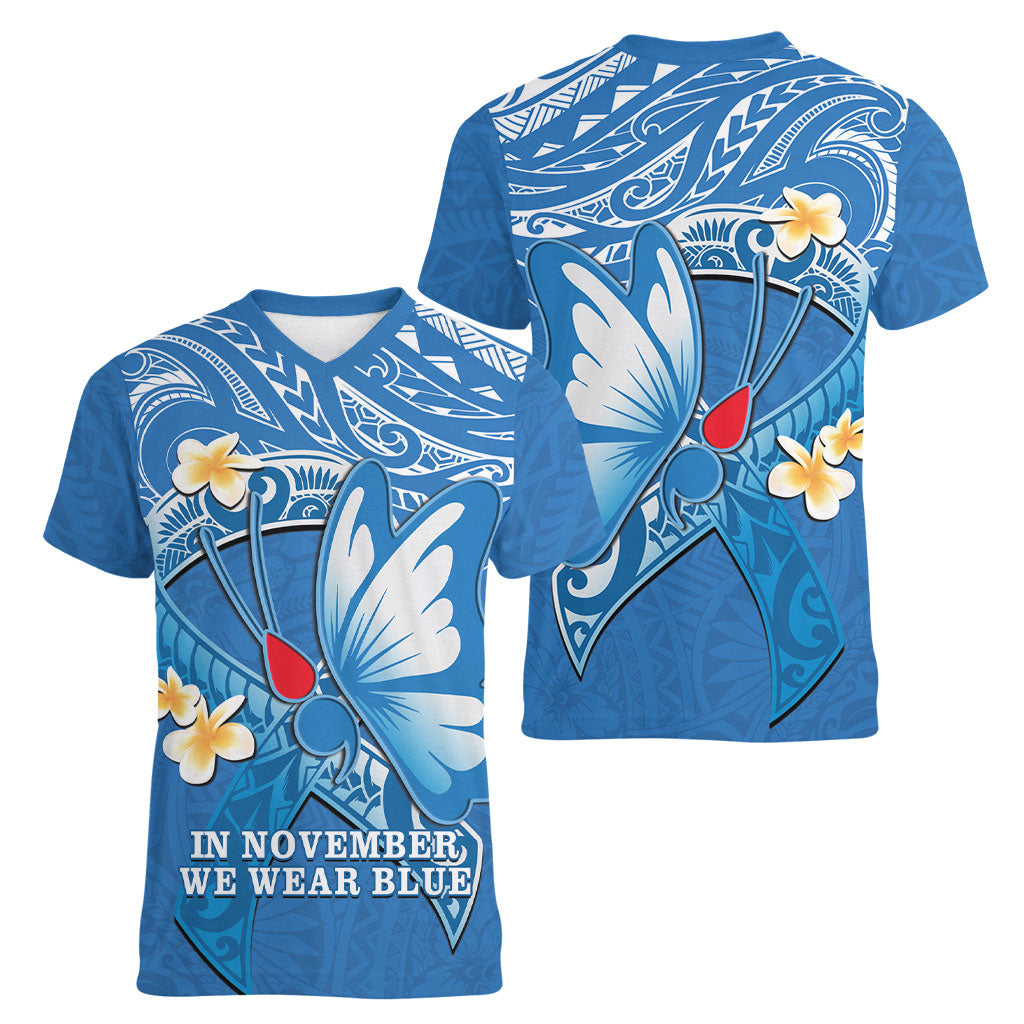 Polynesia Diabetes Support Women V-Neck T-Shirt In November We Wear Blue