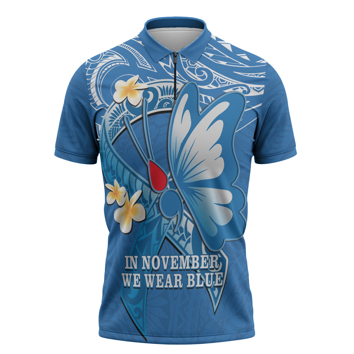 Polynesia Diabetes Support Zipper Polo Shirt In November We Wear Blue