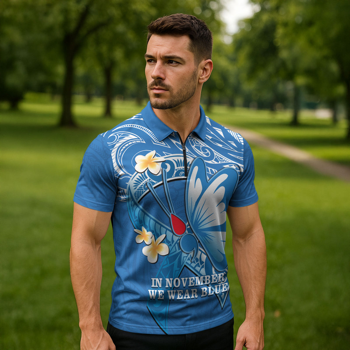 Polynesia Diabetes Support Zipper Polo Shirt In November We Wear Blue