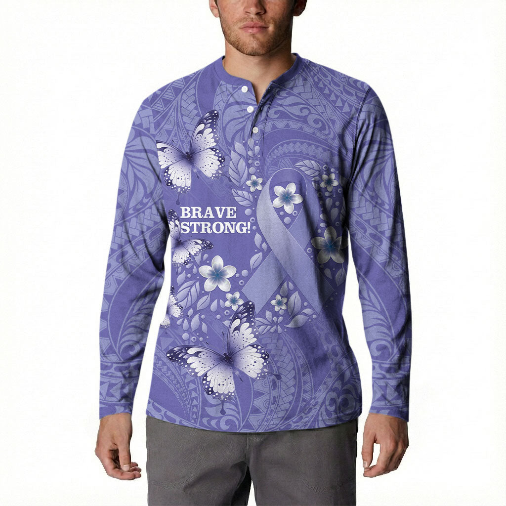 Polynesia Stomach Cancer Support Button Sweatshirt Periwinkle Ribbon Brave Strong